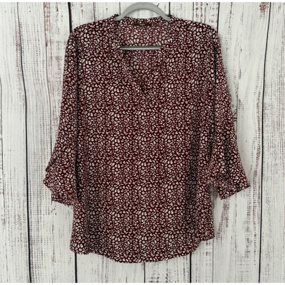 Gaharu Shirt Womens XL Maroon Oxblood V Neck Bell Split Sleeve Flutter Blouse